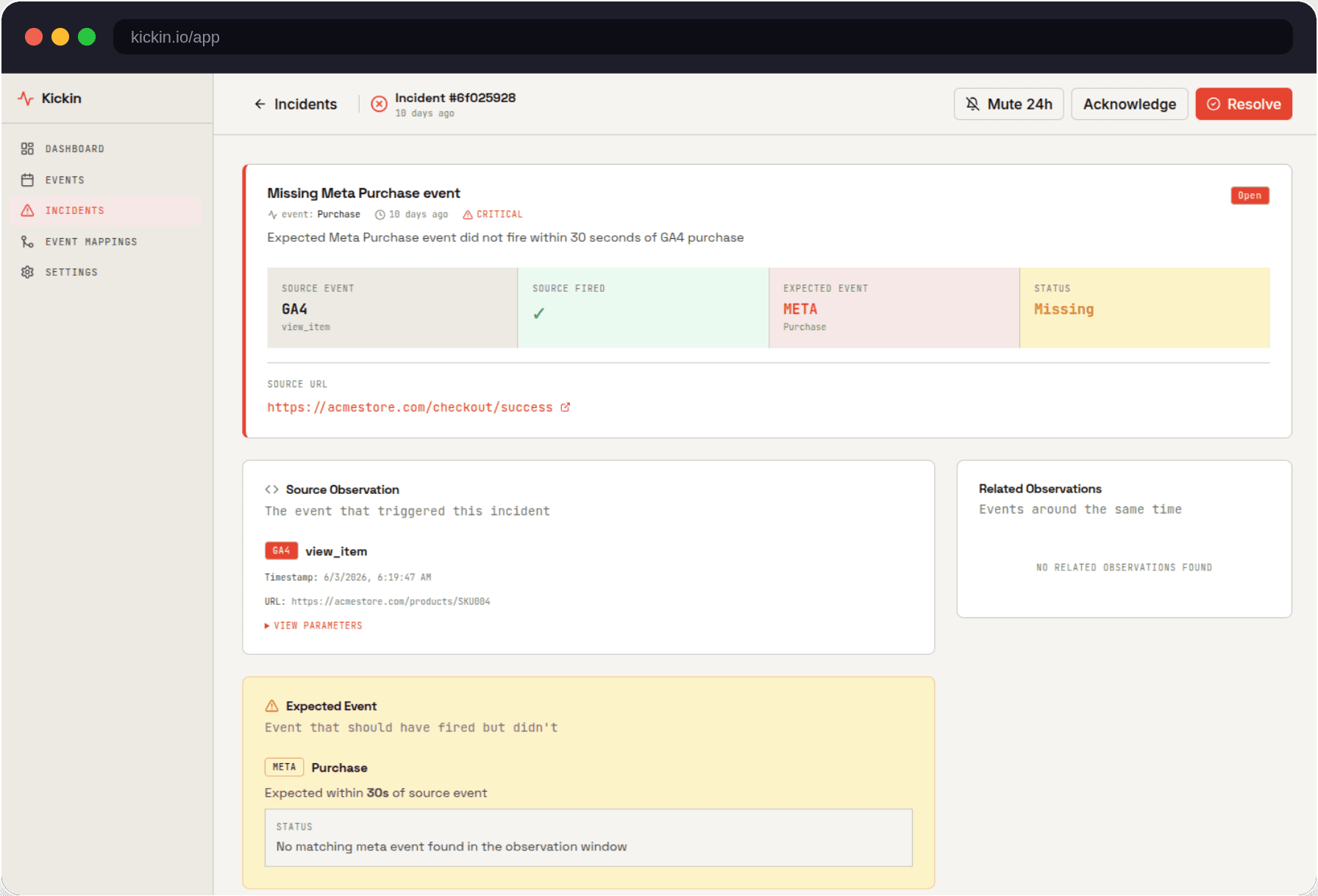 Kickin incident detail showing a Missing Meta Purchase event with source observation, expected event, and activity log