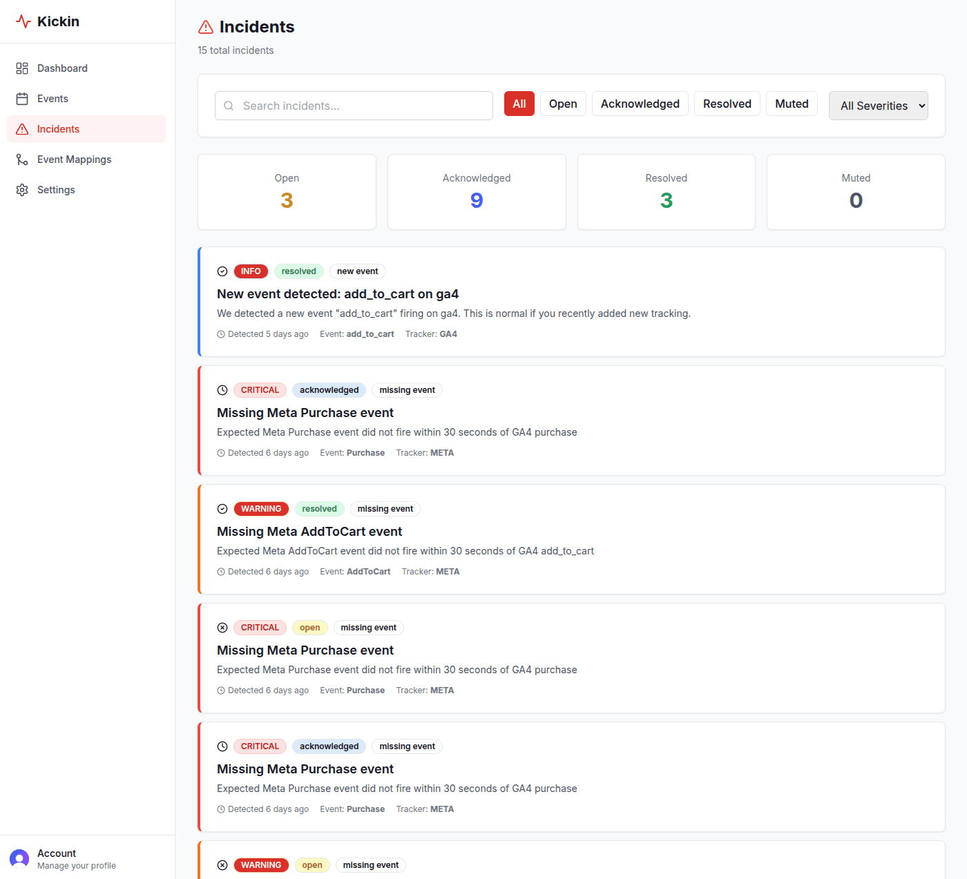 Kickin Incidents page with 15 total incidents, severity badges, and status filters
